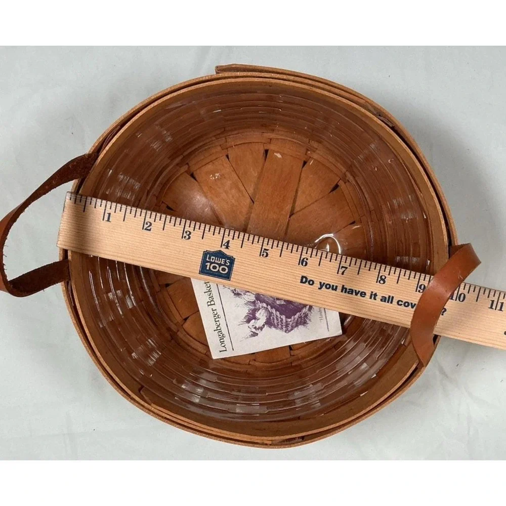 Longaberger Round Darning Basket Leather Handles Plastic Protector Signed 1995